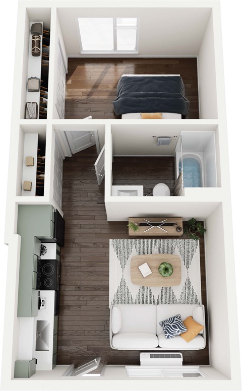 A top-down view of a small, modern apartment with a living area, kitchen, and bathroom.